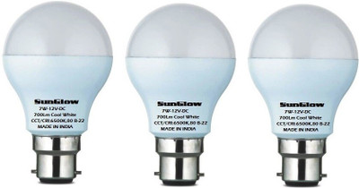 Sun Glow Solar 12 Volt, 7 W Basic Round B22 LED Bulb(White, Pack of 3)