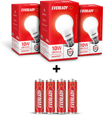 Eveready 10W LED Bulb Pack of 3 with Free 4 Batteries(White, Pack of 3)