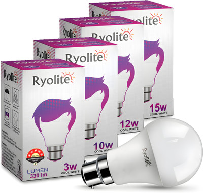 Ryolite 3 W, 10 W, 12 W, 15 W Basic Standard B22 LED Bulb(White, Pack of 4)