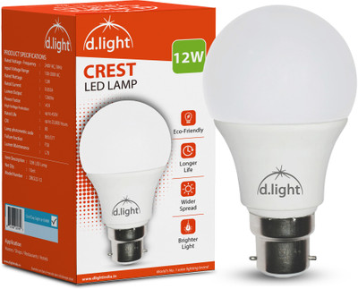 d.light 12 W Basic Standard B22 LED Bulb(White, Pack of 2)