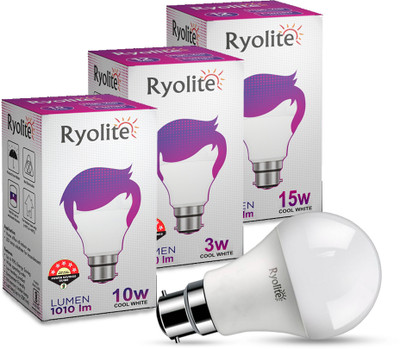 Ryolite 3 W, 10 W, 15 W Basic Standard B22 LED Bulb(White, Pack of 3)