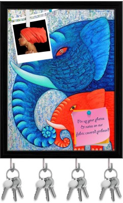 Artzfolio Red & Blue Elephant D2 Pinboard with Key Holder Hooks Black Frame 12x15.6inch Cork Bulletin Board(Multicolor 12 x 15.6 inch (30 x 40 cms))