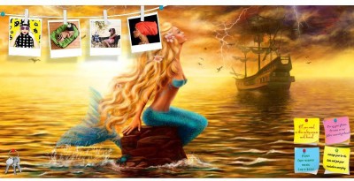 Artzfolio Princess Sea Mermaid with Ghost Ship Frameless Notice Pin Board 24.5x12inch Cork Bulletin Board(Multicolor 24.5 x 12 inch (62 x 30 cms))