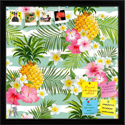 Artzfolio Pineapples & Tropical Flowers Geometry Pattern Pinboard Black Frame 24x24inch Cork Bulletin Board(Multicolor 24 x 24 inch (61 x 61 cms))