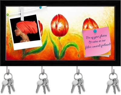 Artzfolio Three Dancing Red Tulip Flowers Pin Board with Key Hooks Black Frame 15.1x8inch Cork Bulletin Board(Multicolor 15.1 x 8 inch (38 x 20 cms))