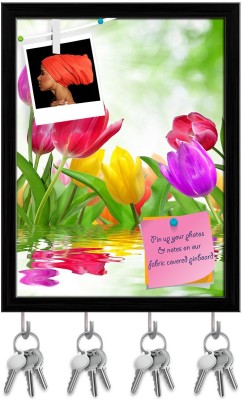 Artzfolio Tulip Notice Pin Board with Key Holder Hooks Black Frame 12x15.7inch (30x40cms) Cork Bulletin Board(Multicolor 12 x 15.7 inch (30 x 40 cms))
