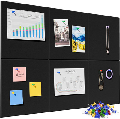 Ofifo 6Pcs Black Felt Bulletin Board 30x30cm Self Adhesive with 50pcs Drawing Pins Cork Bulletin Board(Black 30x30cm)