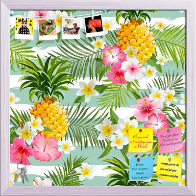 Artzfolio Pineapples & Tropical Flowers Geometry Pattern Pinboard White Frame 24x24inch Cork Bulletin Board(Multicolor 24 x 24 inch (61 x 61 cms))