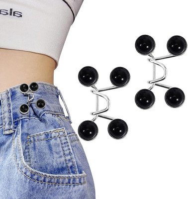 KAWN Pearl Black Jeans Button Pins Adjustable Waist Buckle No Sew Required Instant Metal Buttons(Pack of 2)