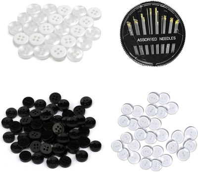 Clezaro 80 White, 80 Black and 80 Transparent Button with 1Pcs Assorted Needle (H188) Plastic Buttons(Pack of 1)