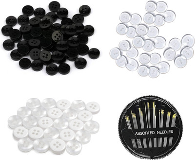 Clezaro 100 White, 100 Black and 100 Transparent Button with 1Pcs Assorted Needle (H189) Plastic Buttons(Pack of 1)