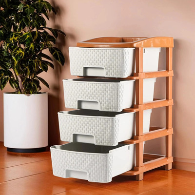 KUBER INDUSTRIES 4-Tier Multipurpose Plastic Drawers Storage Organizer | Brown & White Plastic Free Standing Chest of Drawers(Finish Color - Brown & White, DIY(Do-It-Yourself))