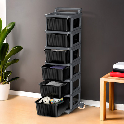 HOMESTIC 6 Layer Plastic Modular Storage Drawer Organizer with Wheels | Grey & Black Plastic Free Standing Chest of Drawers(Finish Color - Grey & Black, DIY(Do-It-Yourself))