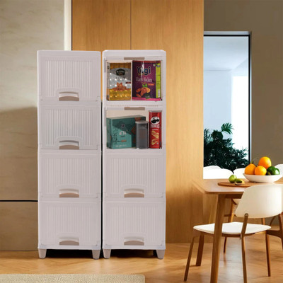 KUBER INDUSTRIES 8 Units Multipurpose ( 4 + 4 ) Folding Cabinet Storage Organizer | White Plastic Free Standing Cabinet(Finish Color - White, DIY(Do-It-Yourself))