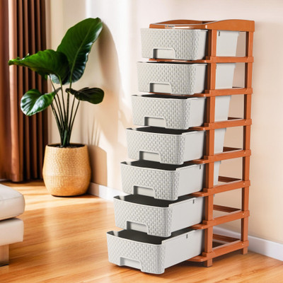 HOMESTIC by Kuber Industries 7-Layer Multi-Purpose Plastic Drawer Storage Organiser | White & Golden Plastic Free Standing Chest of Drawers(Finish Color - White::Gold, DIY(Do-It-Yourself))