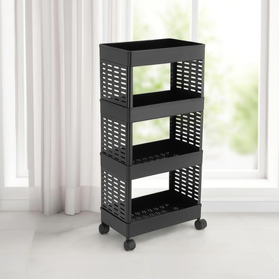 HomeQueen 4 Compartments Plastic Multi-Purpose Storage Organizer 4-Tier Rack Trolley(Black)