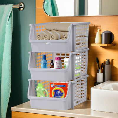HOMESTIC 3 Tier Plastic Bathroom Organiser Rack for Storage | Light Grey Plastic Free Standing Chest of Drawers(Finish Color - Grey, DIY(Do-It-Yourself))