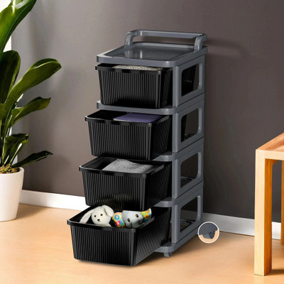HOMESTIC 4 Layer Plastic Modular Storage Drawer Organizer with Wheels | Grey & Black Plastic Free Standing Chest of Drawers(Finish Color - Grey & Black, DIY(Do-It-Yourself))