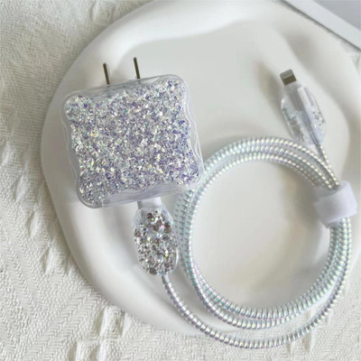 Micvir Charger Cover for iPhone 18W-20W Charger, 3D Cartoon Design Sparkle Grey, Spiral Cable Protector(Grey)