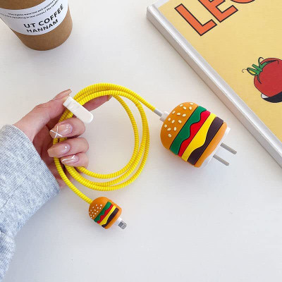 Setster Silicone Press Stud Headphone Case For Charger case 18w and 20w iPhone 11 12 13 14 15 Pro Max(iPhone Charger Cover For 18W/20W | Cartoon Character Design Burger)