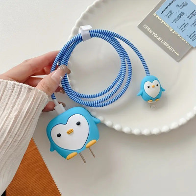 YouAndMeHub Charger Cover for iPhone 18W-20W Charger, 3D Cartoon Design Penguin , Spiral Cable Protector(Blue)