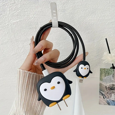 YouAndMeHub Charger Cover for iPhone 18W-20W Charger, 3D Cartoon Design Penguin , Spiral Cable Protector(Black)