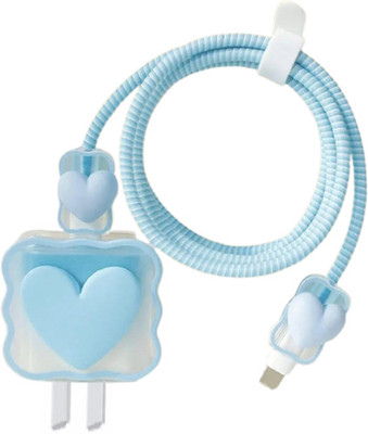 RidivishN Charger Cover for iPhone 18W/20W Charger Adapter,Cute 3D Heart Design,USB Spiral Cable Protector(Blue)