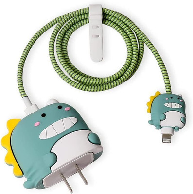 YouAndMeHub Charger Cover for iPhone 18W-20W Charger, 3D Cartoon Design Dinosaur, Spiral Cable Protector(Green)