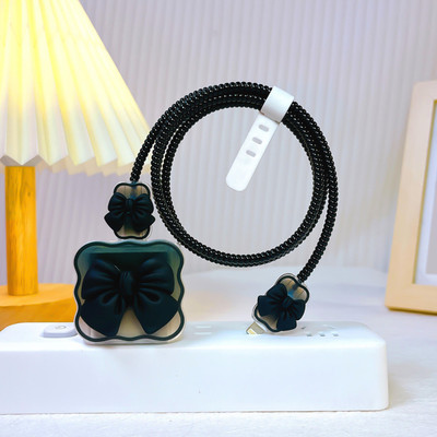 MLK 3D Cute Bow Case for iPhone Charger 18W/20W Only, Silicone Protective Case Cover Cable Protector(Black)