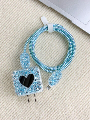 Micvir Charger Cover for iPhone 18W-20W Charger, 3D Cartoon Design Blue Heart, Spiral Cable Protector(Blue)
