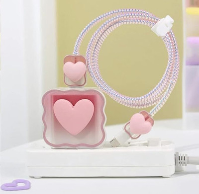BeeNex Protective Charger Case Cover for iPhone 18W-20W, 3D Cute Heart Design, Spiral Cable Protector(Pink)