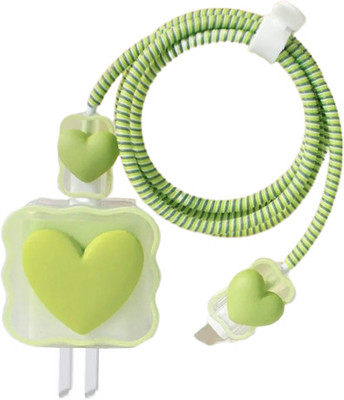 RidivishN Charger Cover for iPhone 18W/20W Charger Adapter,Cute 3D Heart Design,USB Spiral Cable Protector(Green)