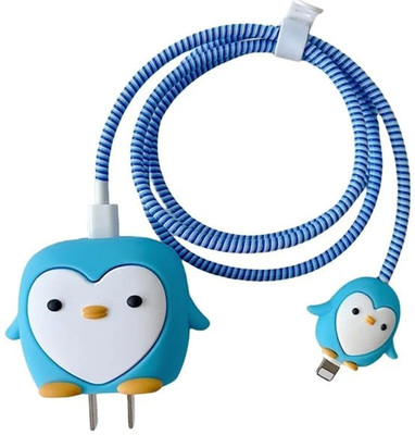 MOBISINGH Silicone Press Stud Headphone Case For Compatible With Apple 18/20W Adapter(iPhone Charger Cover for 18/20W | Cartoon Character 3D Design PENGUIN BLUE)