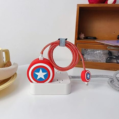 henx captaion america charger cover for iphone 18/20W 3D Cartoon Design USB Spiral Cable Protector(Multicolor)