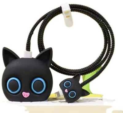 Setster Silicone Press Stud Headphone Case For Charger case 18w and 20w iPhone 11 12 13 14 15 16 Pro Max(iPhone Charger Cover For 18W/20W | Cartoon Character Design Black Cat)