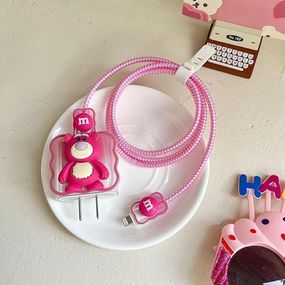 YouAndMeHub 18-20W Type C Adapter for iPhone Charger Cover BEAR DESIGN for Full Protection Cable Protector(Pink)