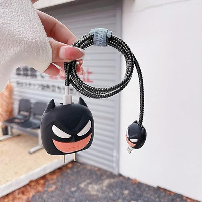 BeeNex Case Cover for iPhone 18W-20W Charger, 3D Cute Black Man Design, Spiral Cable Protector(Black)