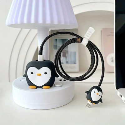 MobiLooks Charger Cover for iPhone 18W-20W Type C Charger 3D Cartoon Design Penguin Case Cable Protector(Black)