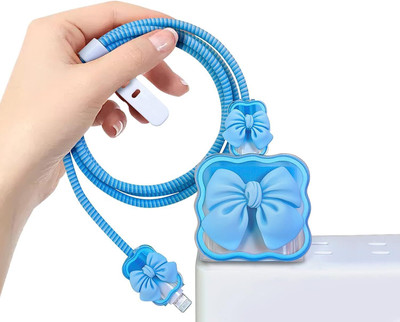 YouAndMeHub iPhone Charger Adapter Cover 18W-20W ,Bow Design,with Spiral Cable Protector Cable Protector(Blue)