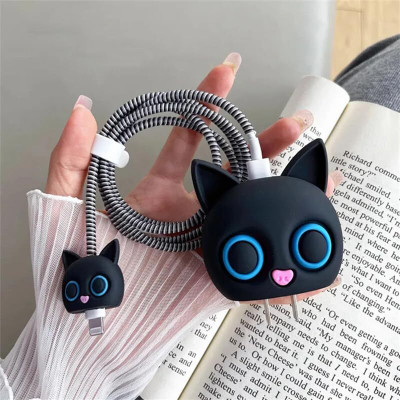 MobiLooks Charger Cover for iPhone 18W-20W Type C Charger 3D Cartoon Design Cat Eye Case Cable Protector(Black)