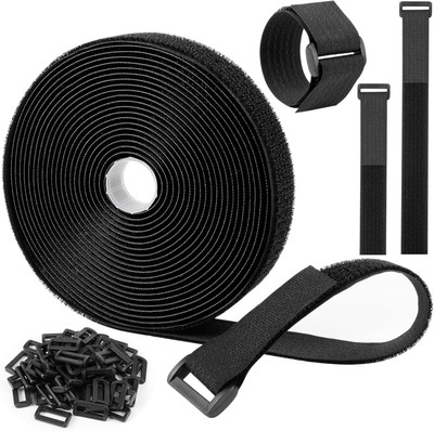 AORDEY Hook & Loop Straps with 25 Buckles, Adjustable Velcro Ties for Cable Cord & Wire Nylon Flexible Straps Cable Tie(Black Pack of 1)