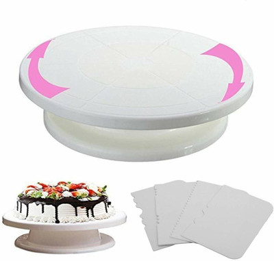 RADHE ENTERPRISE Cake Turntable Revolving Cake Decorating Stand Cake Stand 4pc Cake Side Scrapers Plastic Cake Server(White, Pack of 1)