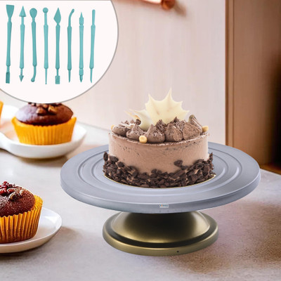 HOMESTIC Plastic 360° Smooth Rotating Cake Stand with 8 Fondant Sticks | Silver & Gold Silver Cake Server(Silver, Pack of 1)