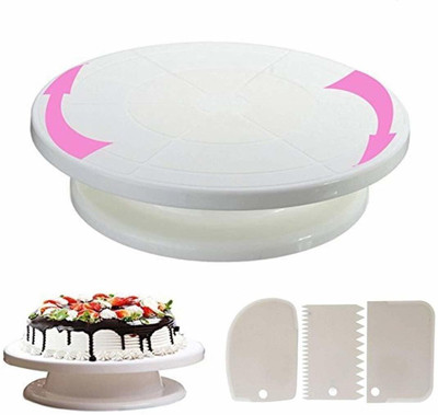 Radhe Krishna Cake Turntable Revolving Cake Decorating Stand & Cake Scraper Fondant Plastic Cake Server(White, Pack of 1)