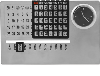 ZAHEPA Perpetual Calendar with Clock & Month Display, Lifetime Stainless Steel Table Calendar(Silver, 14.5 X 3.5 X 9.5 cm)