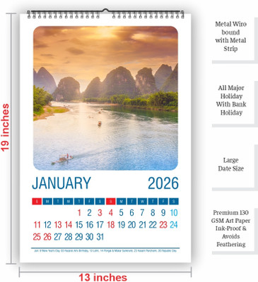 Pixel Cool Naturral Scenary 2026 Wall Calendar(Multicolor Office Date