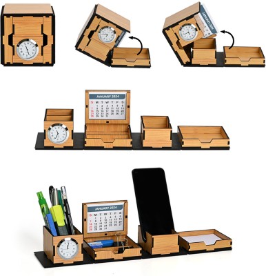 GKD 4 Compartments Foldable All in One Cube Box Office Desk Organizer With Clock and Mobile Stand / Portable Desk Organizer, Calendar for Office Desk, Personal Table(Brown)