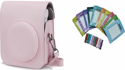 Stela PU Leather Protective Camera Case Pouch with Pocket and Bunting Paper Compatible with Instant Mini 12  Camera Bag(Pink)