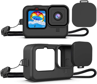 TECHYSPOT GoPro Hero 9 Silicone Rubber Protective Case Cover with Lanyard and Lens Cap  Camera Bag(Black)