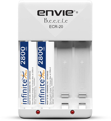 Envie High Speed Wall Plug Charger ECR 20 for AA & AAA Ni-mh/Ni-cd Rechargeable Batteries | 2000MA Output Current | with 2 AA2800 Ni-mh Batteries (ECR2028002PL)  Camera Battery Charger(White)